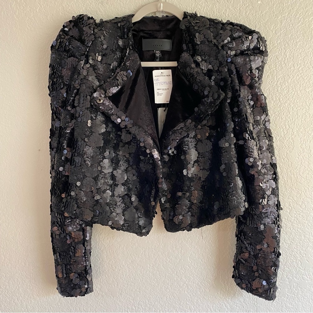 BLANK NYC Sequin Puff Sleeve bomber moto Jacket in Black